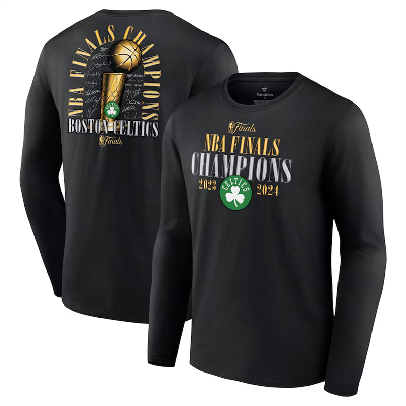 Men's Boston Celtics Black 2024 Finals Champions Fade Away Jumper Roster Signature Long Sleeve T-Shirt